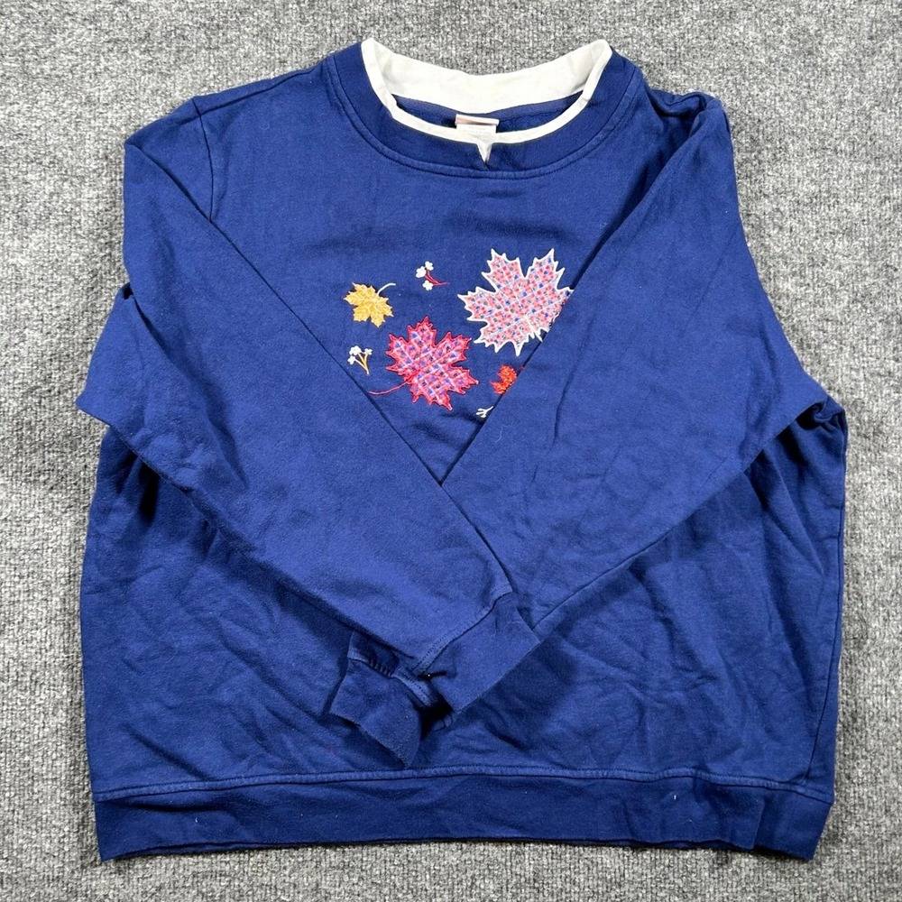 Unbranded Sweatshirt Womens Size XL Blue Embroidered Maple Leaf Mock Neck Casual